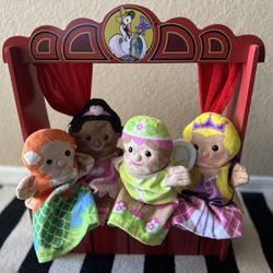 Wooden Table Hand Puppet Theater With Puppets