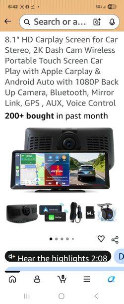 8.1" HD Carplay Screen for Car Stereo, 2K Dash Cam Wireless Portable Touch Screen Car Play with Apple Carplay & Android Auto with 1080P Back Up Camera