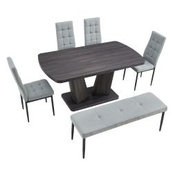 63 Modern Style 6-piece Dining Table with 4 Chairs & 1 Bench, Table with Wood Veneers Tabletop and V-shaped Table Legs