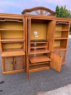 Entertainment center display case cabinet book shelf unit dresser mid century vintage wicker