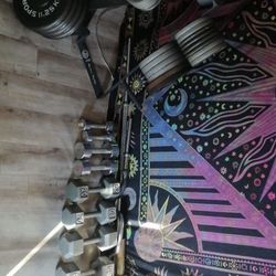 Rack With 427.5 Pounds Of Weight Dumbbells And Bars