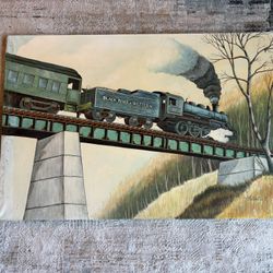 Original Steam Train Painting – Black River & Western – Signed Follett – Vintage Railroad Art – 24x18 in