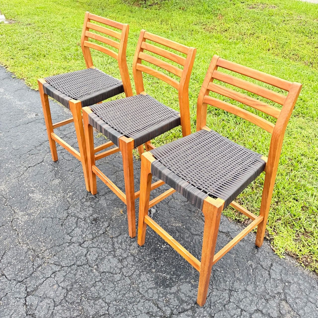 Counter Offer Graphics Solid Teak Wood Counter Height Bar Stools Set of 3 Woven Resin Seats ...