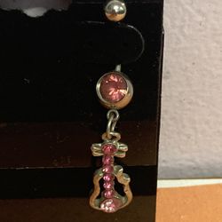 Belly Navel Ring, Surgical Steel, Guitar, Pink Crystals On Silver
