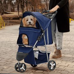 MoNiBloom Foldable Pet Dog Stroller with Wheels, Cat Dog Stroller with Storage Basket and Cup Holder for Small and Medium Cats, Dogs, Puppy, Navy Blue