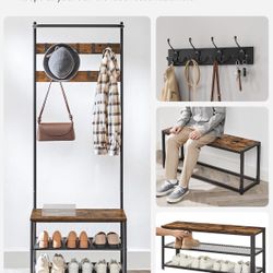 Hall Tree with Bench and Shoe Storage, Entryway Bench with Coat Rack Stand and Shoe Rack, 9 Movable Hooks, Top Bar, Fabric Shelves, Industrial, Rustic
