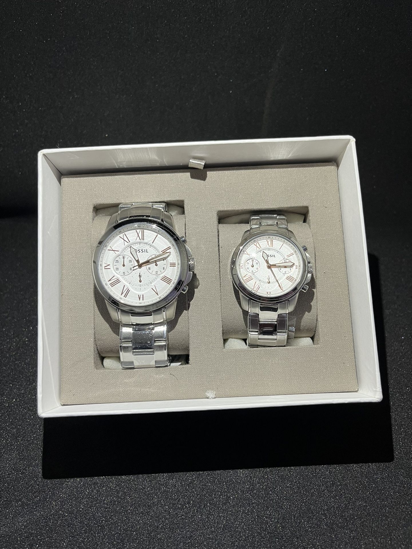 Fossil Set Of 2 His & Her Silver+Rose Gold Tone, Bracket Watch BQ2180SET