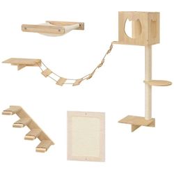 Wood Cat Wall Shelves, Set of 5 Cat Wall Furniture,