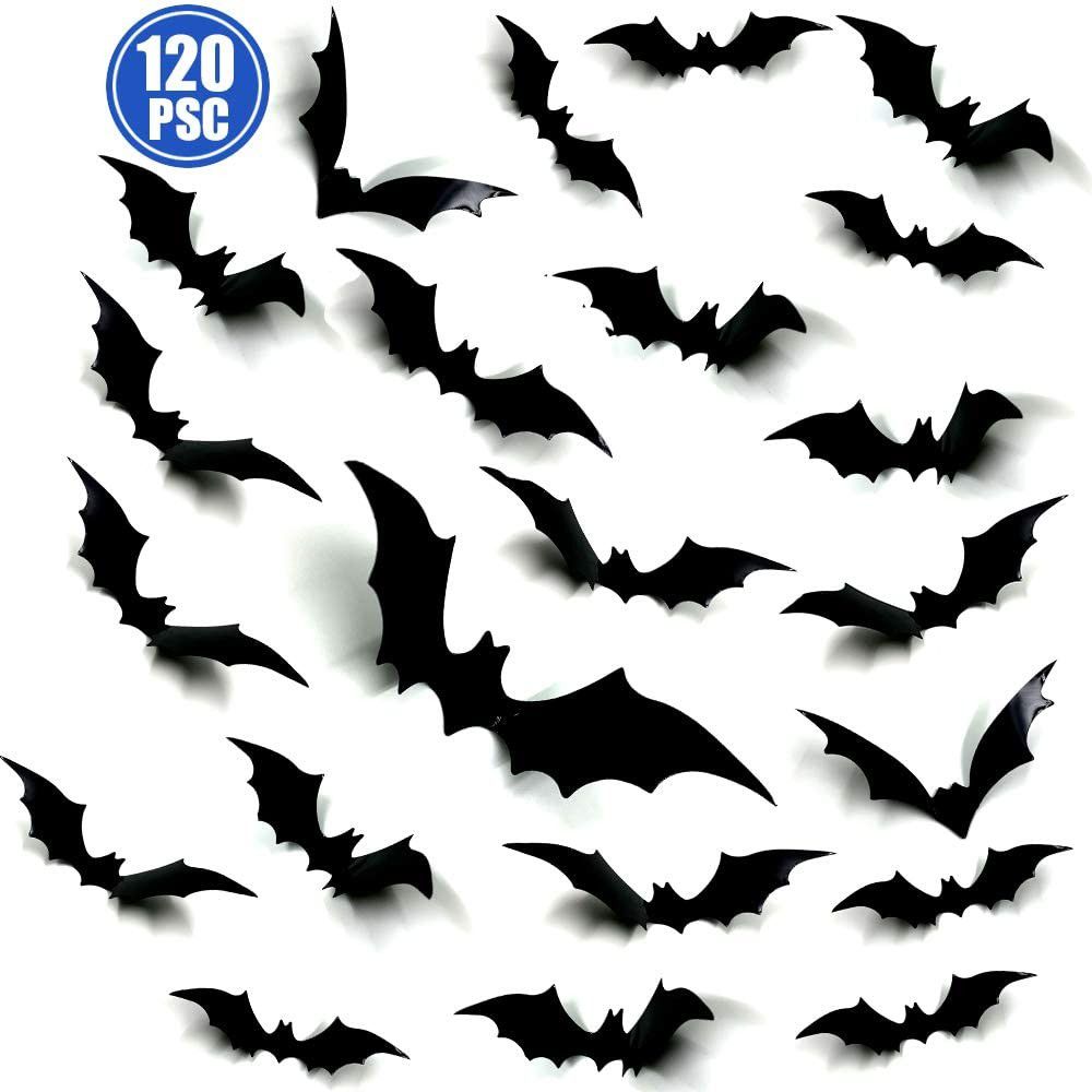 Halloween Bats Decorations, 120Pcs Paper Bats Decals for Halloween Party Supplies Home Decor, Assorted Size 3D Decorative Scary Bats Stickers Wall