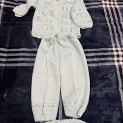 Brand New Knitted Baby Blue Clothes With Hat And Booties