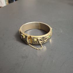 Vintage 1960's Embossed Hinged Bangle Bracelet, Butterfly Floral Design Art Deco W/Green & Clear Rhinestones, Locking Closure & Safety Chain