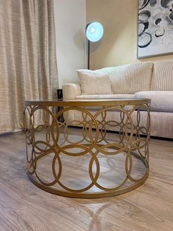 Round Gold Metal Coffee Table with Glass Top