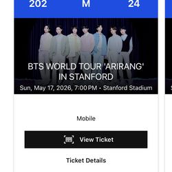 2x BTS Stanford Concert Tickets Sun 5/17 Sec 202 Row M&N