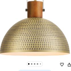 ELYONA 16 Inch Large Hammered Pendant Light Fixtures Ash Wood Vintage Dome Hanging Lamp Antique Gold Metal Kitchen Chandelier for Island, Farmhouse Di