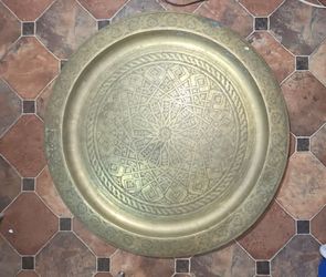 Massive 39" Vintage Moroccan Etched Brass Tray (Table Top / Wall Art)
