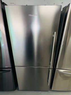 Blomberg stainless steel refrigerator (30" x 66" x 26") with a receipt for a 90-day warranty.