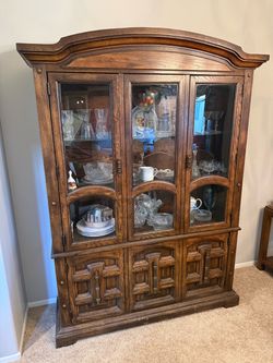 Vintage Spanish Revival Solid Oak China Cabinet Hutch