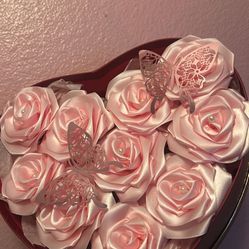 10 Count Pink Ribbon Rose In Heart Box