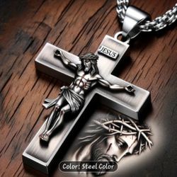 Mens Cross Pendant Chain Stainless Steel 