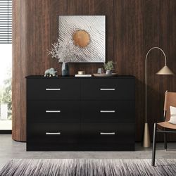 6 Drawers Double Dresser, Wood Storage Cabinet with Easy Pull Out Handles for Living Room, Chest of Drawers for Bedroom