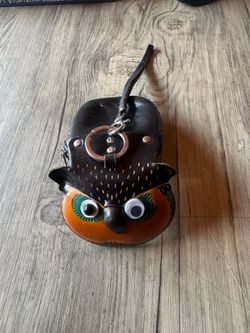 Owl Leather Key Chain Coin Pouch Wristlet Strap, Brown/Black Studded Detachable Ft
