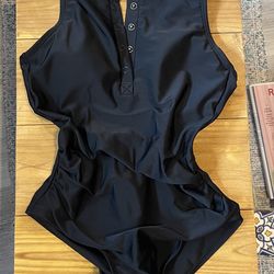 Kona Sol Black Plunge-Snap Front and Open-Back Swimsuit