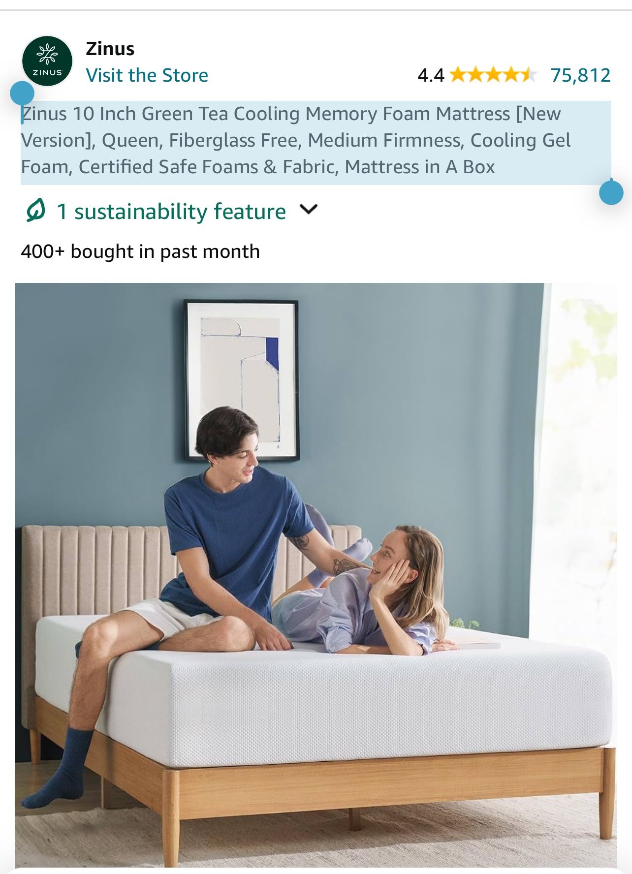 Zinus 10 Inch Green Tea Cooling Memory Foam Mattress [New Version], Queen, Fiberglass Free, Medium Firmness, Cooling Gel Foam, Certified Safe Foams & 