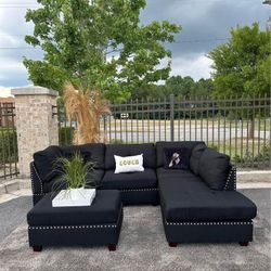 Brand New Upholstered Black/Grey Fabric L Shape Sectional Sofa with Cup Holders & Ottoman | Pay After Delivery 