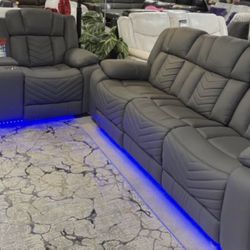 GREY LEATHER sofa & loveseat W/ LED’s & SPEAKERS