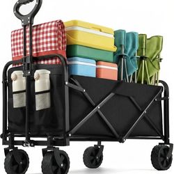 Collapsible Wagon 220 lbs, Heavy Duty Wagon Carts Foldable, Portable Wagons for Groceries, Beach Cart with All-Terrain Wheels & Drink Holders, Utility