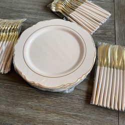 175 Pieces Gold Rim Pink Plastic Dinnerware Set