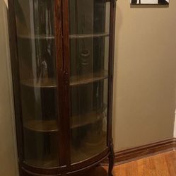 Antique Oak China Curio Cabinet W/Curved Glass