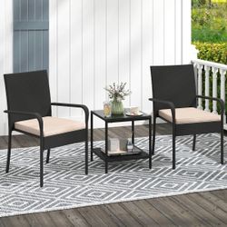 3 PCS Patio Furniture Set with 2-Tier Table Tempered Glass Tabletop & Soft Cushions Brown 