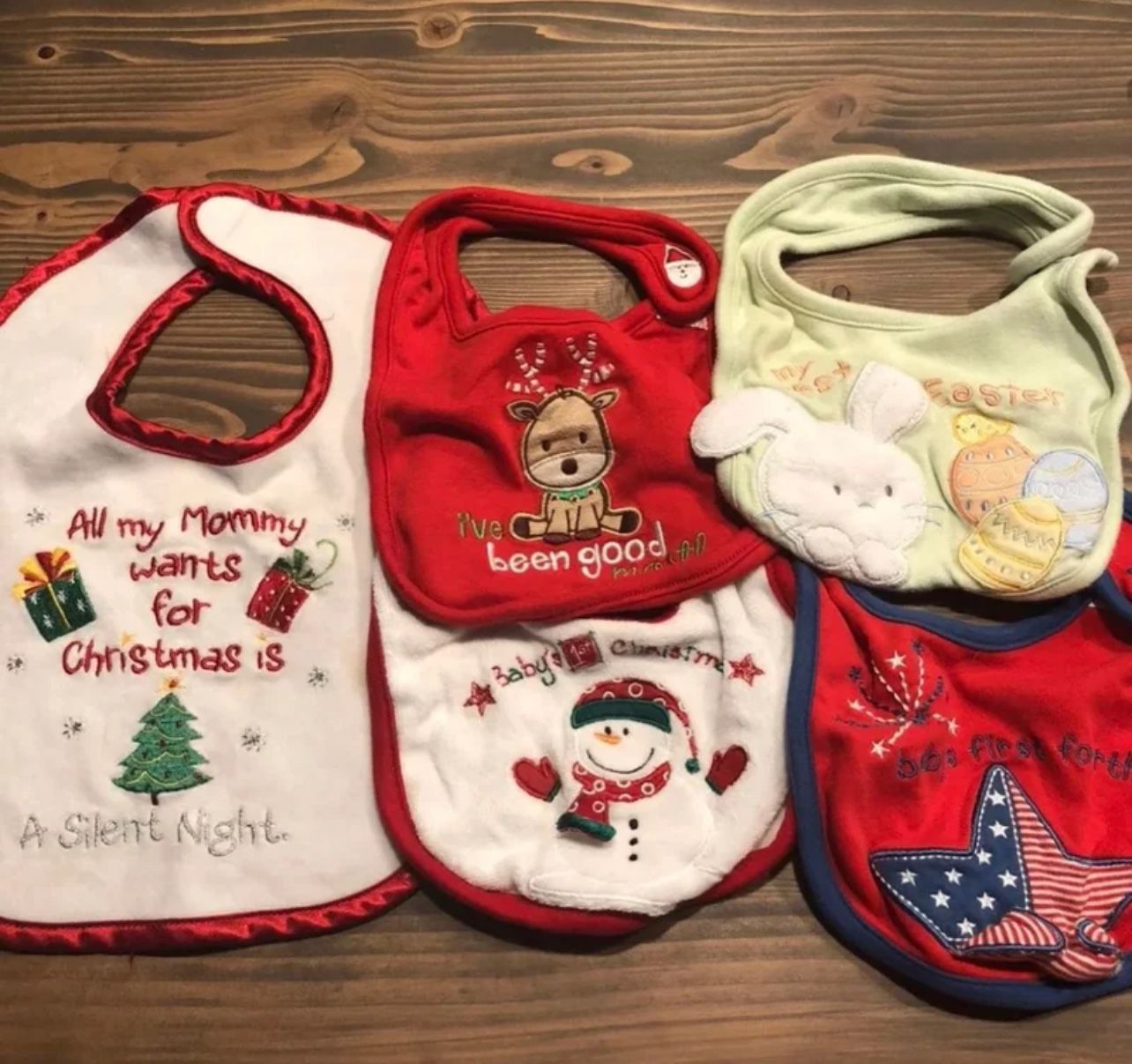 Set Of 5 Holiday Baby Bibs  3 Christmas  1 Easter  1 4th of July