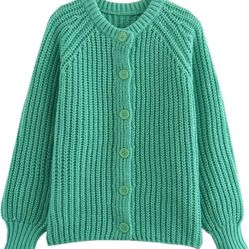 Women's Soft Knit Sweater Casual Solid Color Knitted Cardigan Round Neck Long Sleeve