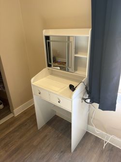 Makeup Vanity Desk with Sliding LED Mirror & Charging Station