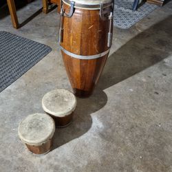 VINTAGE INSTRO 🥁 Conga & Bongo Set - Two-Tone Wood - Made in Mexico D.F. - Latin Percussion Decor