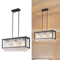 LMQNINE Modern Rectangle Chandelier For Dining Room, Black Crystal Chandelier Linear Light Fixture, Farmhouse Chandeliers For Kitchen Island, Bar Tabl