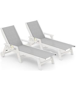 SERWALL Textilene Patio Chaise Lounge Chair Set of 2, 5 Positions Outdoor Lounger with Rolling Wheels for Pool, Deck, White brand new in box $179 C81(