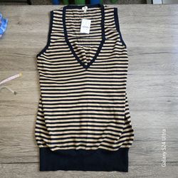 J.Crew V-Neck Sweater Tank Top Size Medium Tan & Navy 