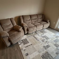 Couch, Recliner, Rug (Brown fabric, Ashley Furniture)