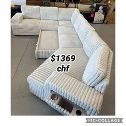 LIGHT SILVER RHF Corduroy  Half U-Shaped Pull Out Sectional Sofa w/ Storage Armrest w/ USB + Pillows  //  Year End Sale !