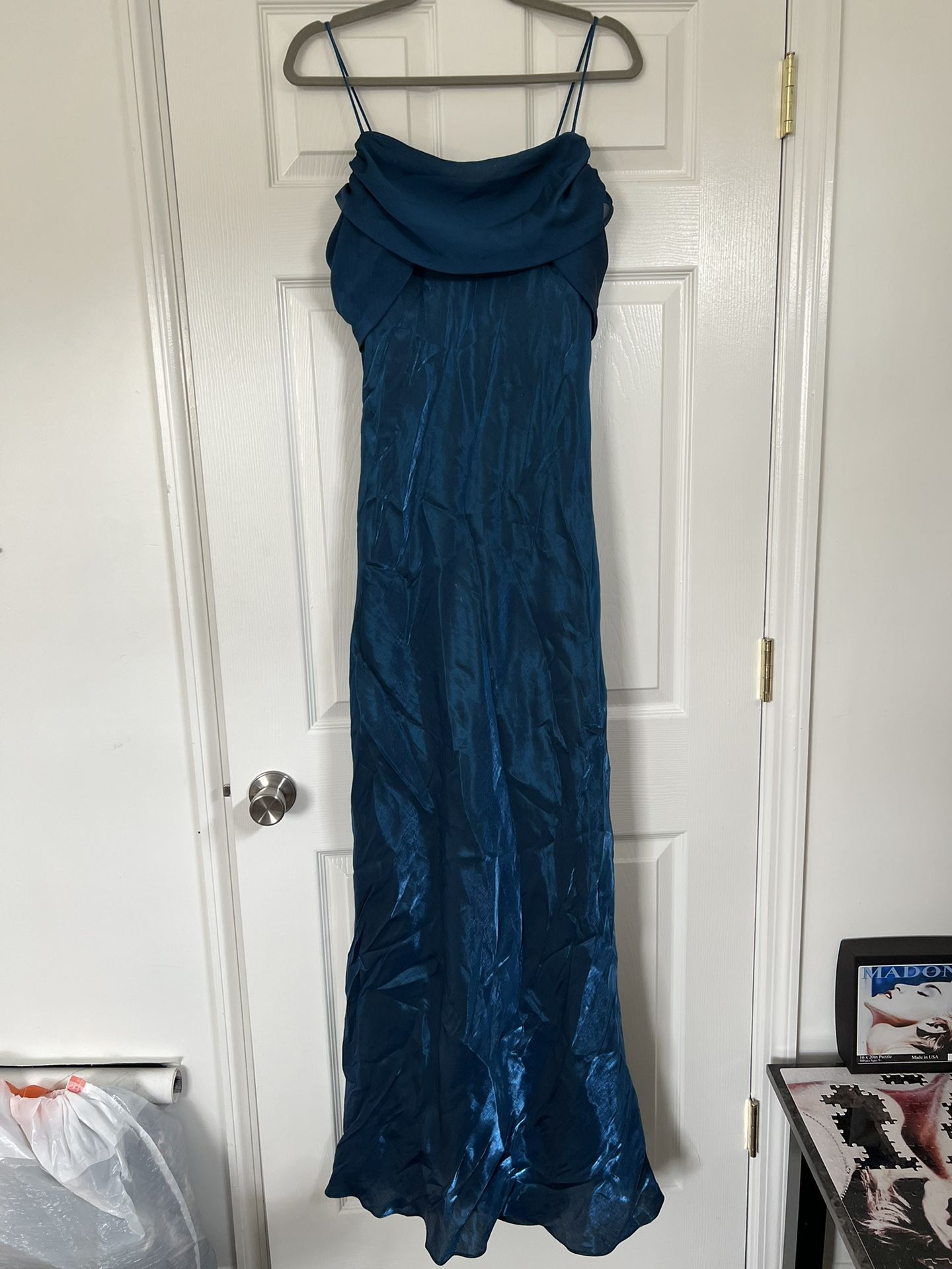 Metallic Shine Blue Spaghetti Strap Flowing Dress/Gown