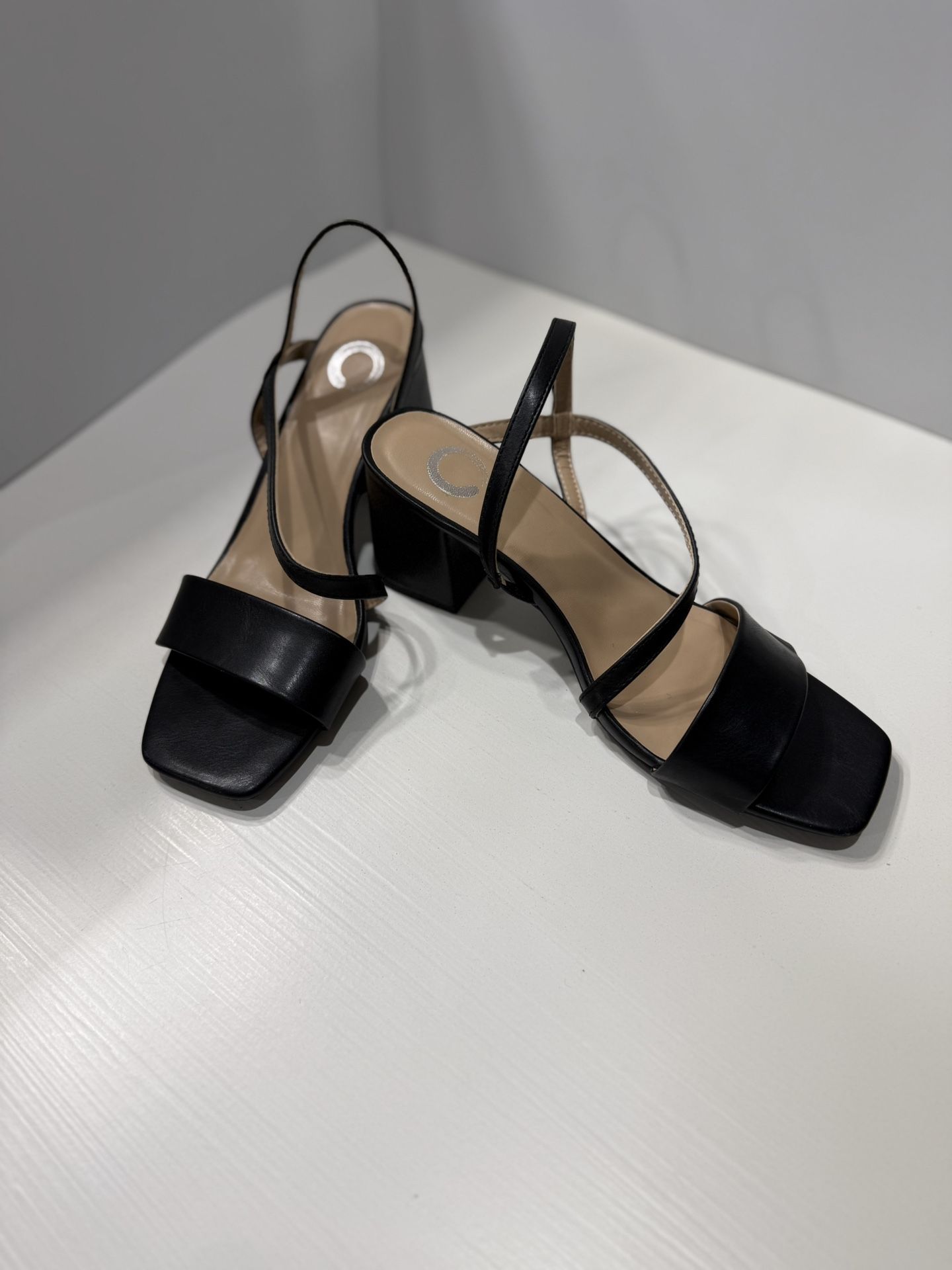 Black Leather Block Heel Sandal