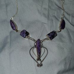 Vintage/boho style sterling necklace  natural purple gemstones, perfect statement piece.