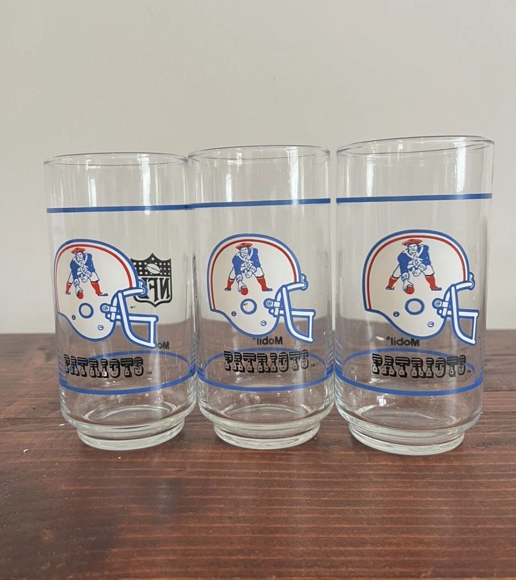 NFL New England Patriots Mobil Glasses Cups Tumblers Set Lot 3 Vintage 80s Retro