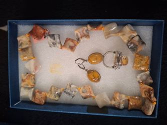 Stone Bead Necklace Earrings and Ring Set