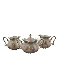 Antique RS Prussia porcelain creamer and lidded sugar bowl set. Authentic "Red Mark" (wreath with a star and "RS Prussia" in red)
