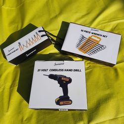 Cordless 21 Volt Drill, 7 Piece Wrench Set and 10 Piece  Plier Set All New 