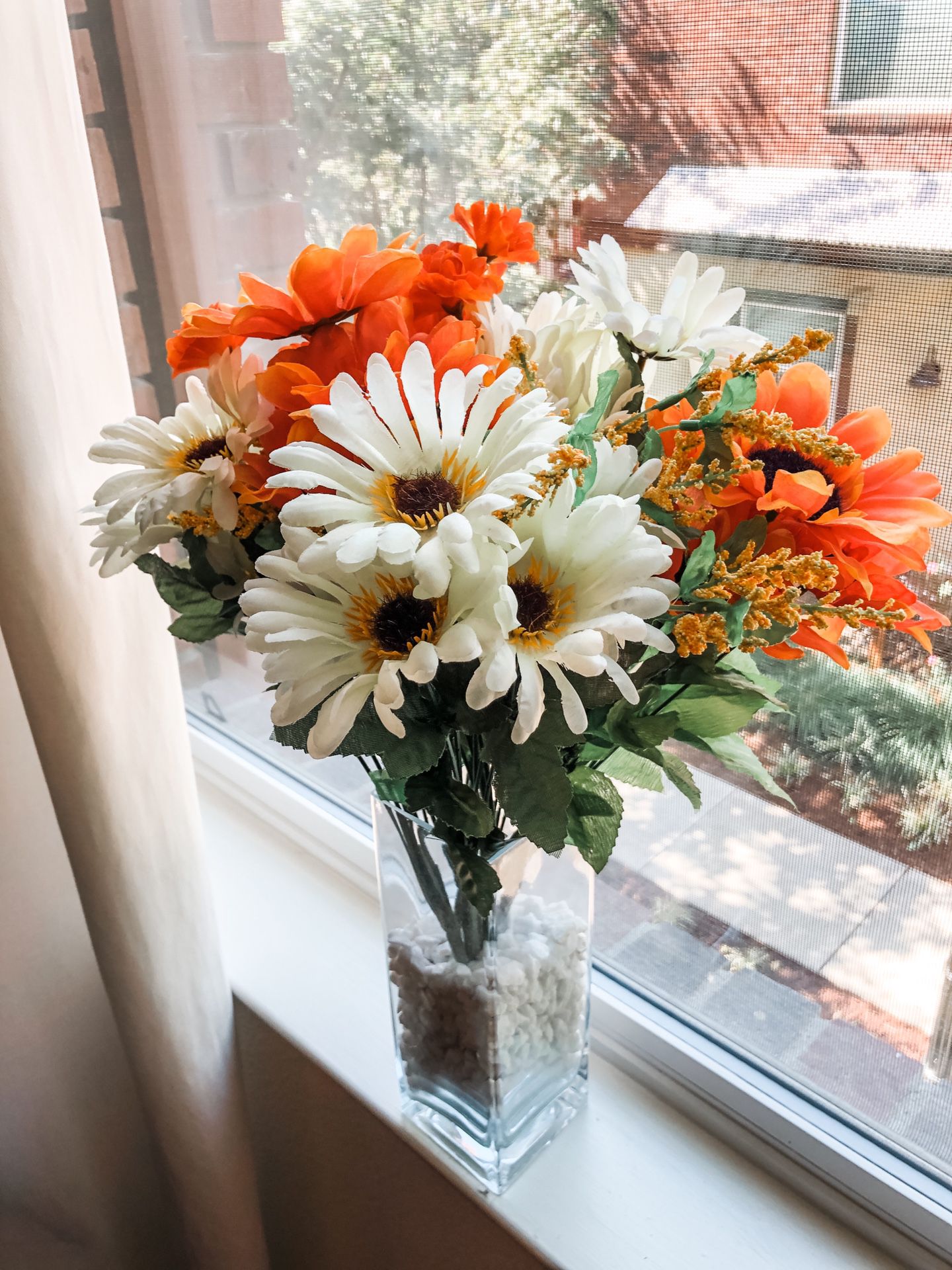 Large Artificial Flower Bouquet Arrangement With Glass Vase Orange & White
